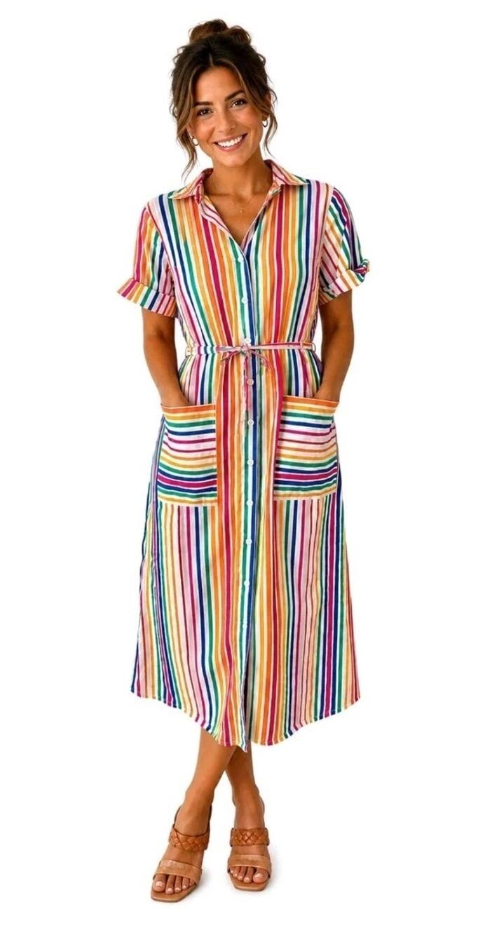 Christopher John Rogers x Target Shirt Dress 10 Rainbow Stripe Short Sleeve Belt